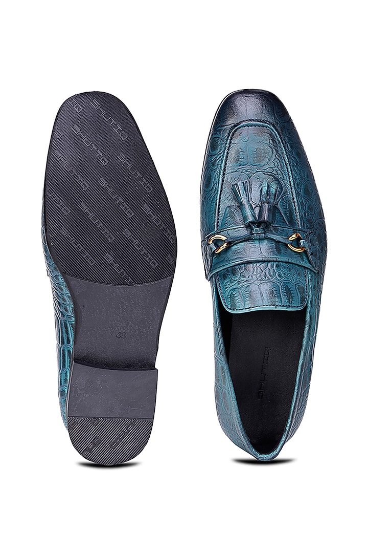 Blue Croco Leather Slip-On Shoes by SHUTIQ at Pernia's Pop Up Shop