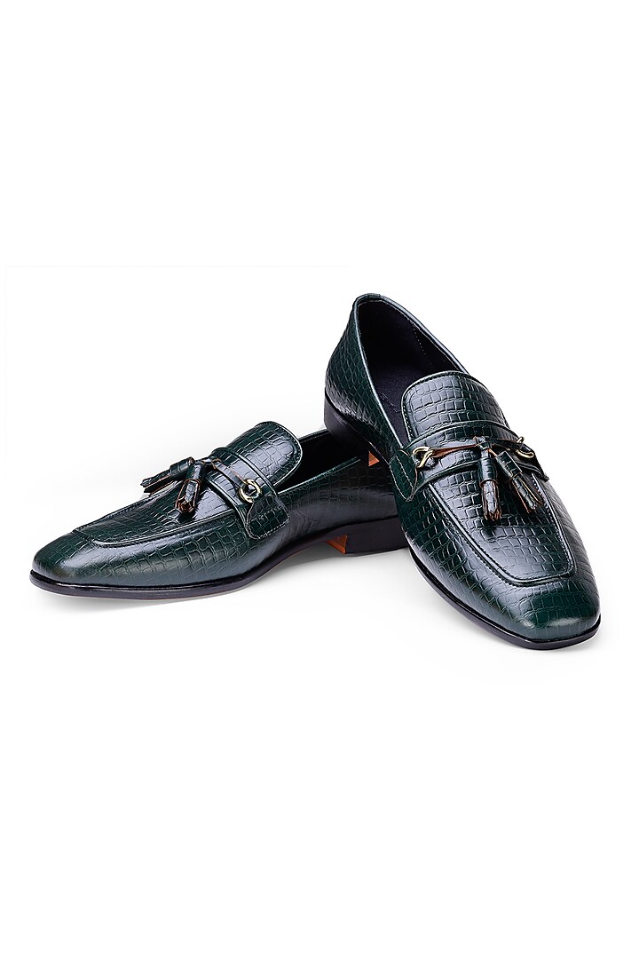 Green Croco Leather Slip-On Shoes by SHUTIQ