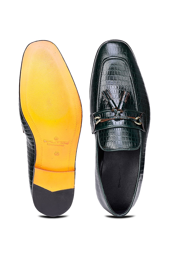 Green Croco Leather Slip-On Shoes by SHUTIQ at Pernia's Pop Up Shop
