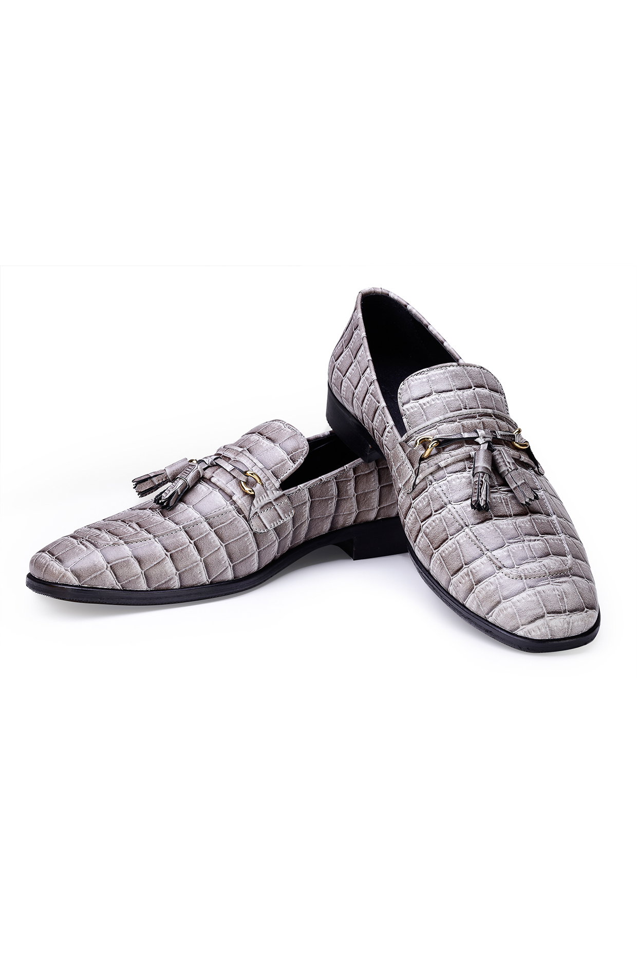 Grey Croco Leather Slip-On Shoes by SHUTIQ