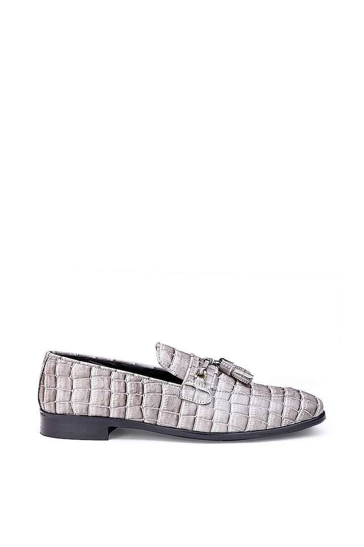 Grey Croco Leather Slip-On Shoes by SHUTIQ at Pernia's Pop Up Shop