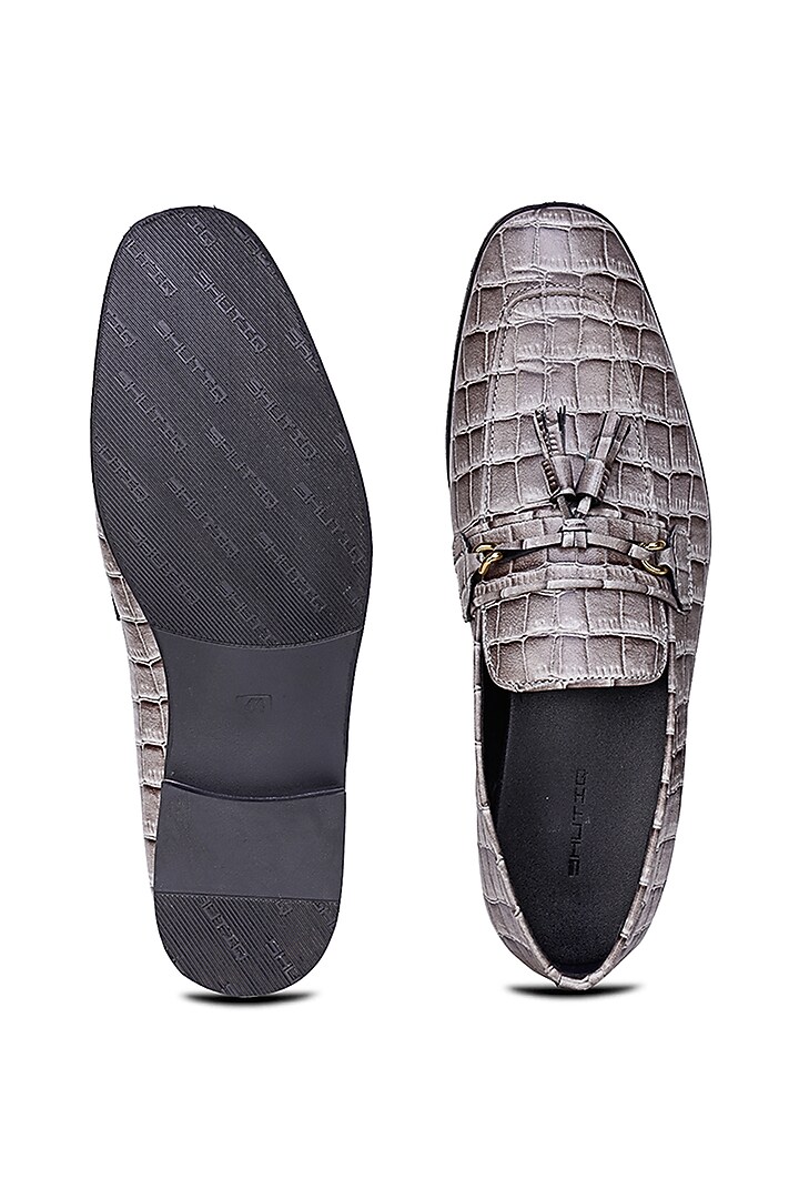 Grey Croco Leather Slip-On Shoes by SHUTIQ at Pernia's Pop Up Shop