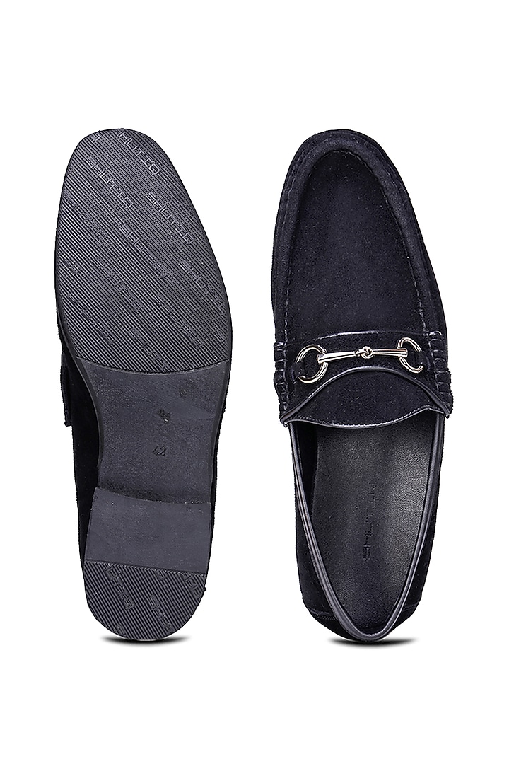 Black Suede Embellished Slip-On Shoes by SHUTIQ at Pernia's Pop Up Shop