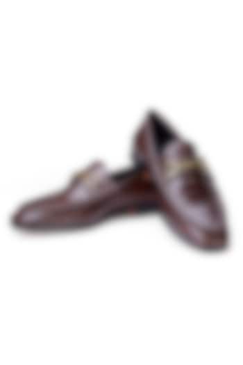 Brown Croco Leather Embellished Slip-On Shoes by SHUTIQ