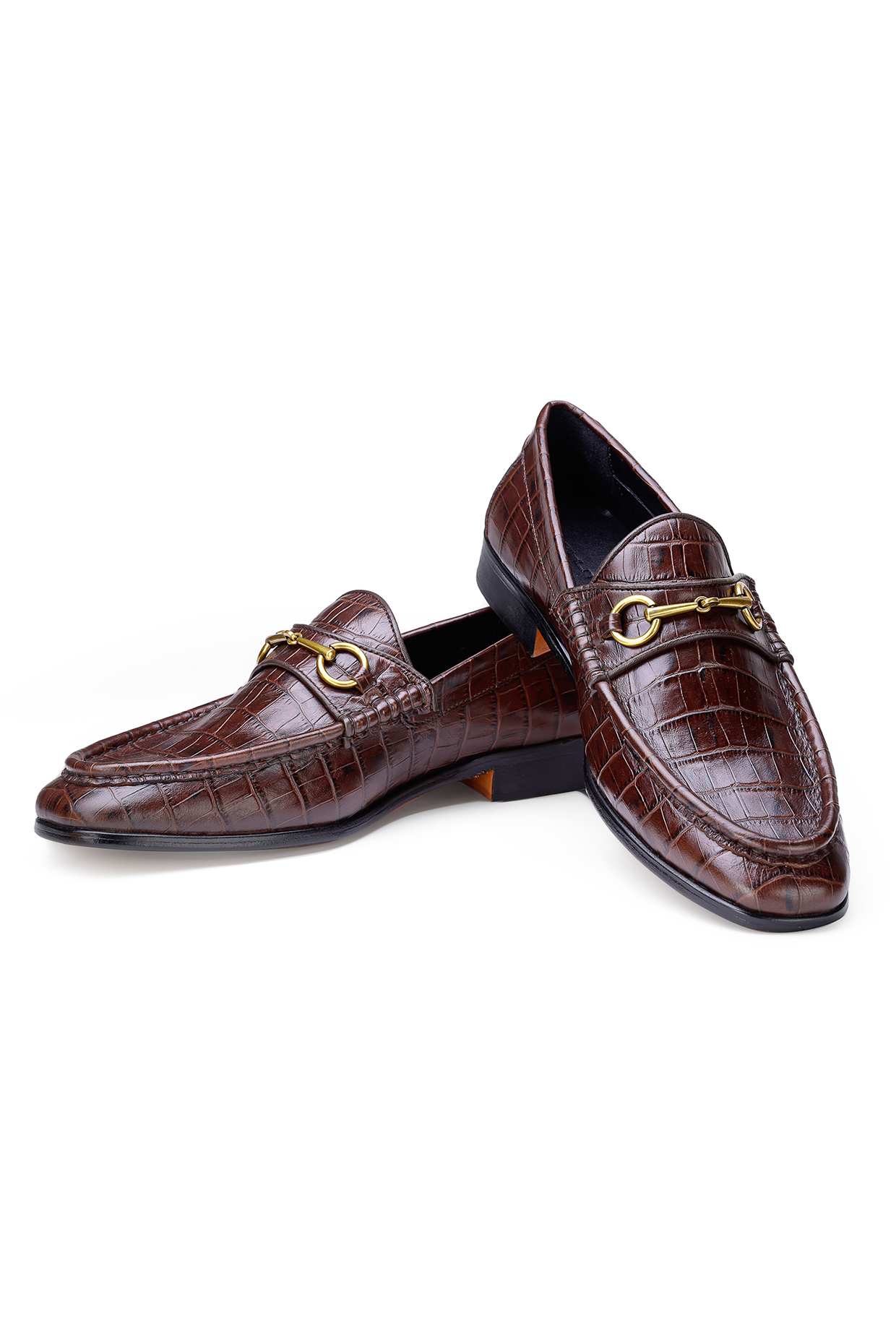 Brown Croco Leather Embellished Slip-On Shoes by SHUTIQ