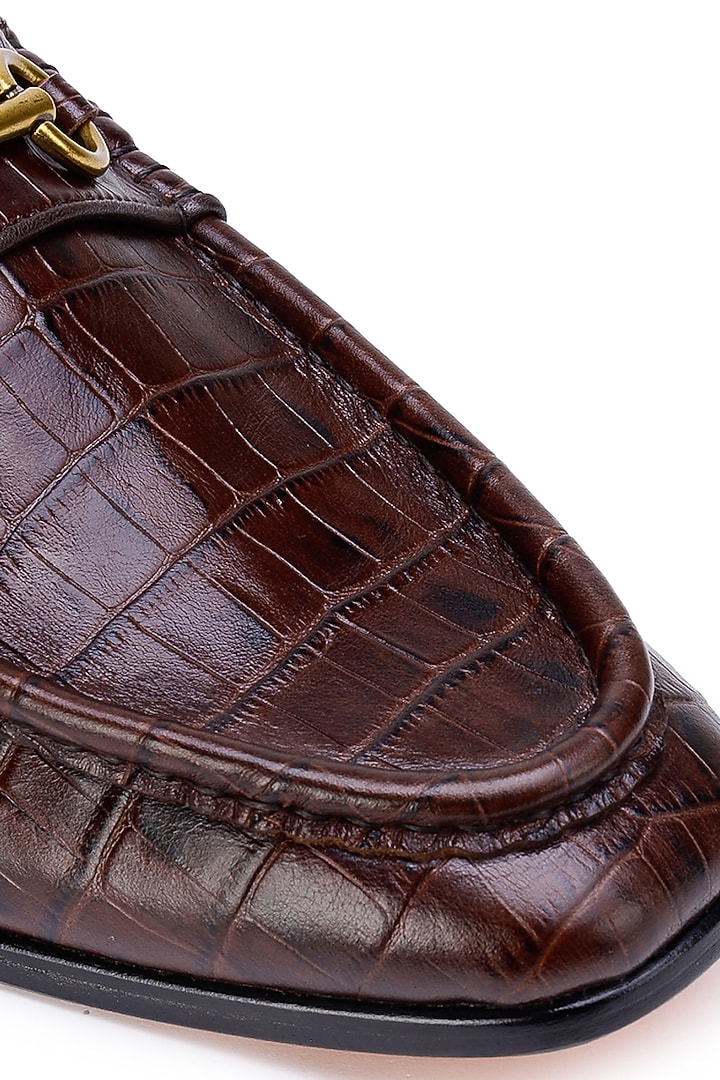 Brown Croco Leather Embellished Slip-On Shoes by SHUTIQ at Pernia's Pop Up Shop
