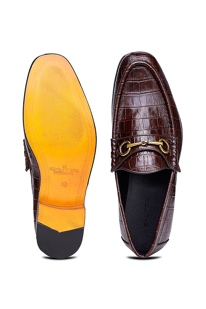 Brown Croco Leather Embellished Slip-On Shoes by SHUTIQ at Pernia's Pop Up Shop