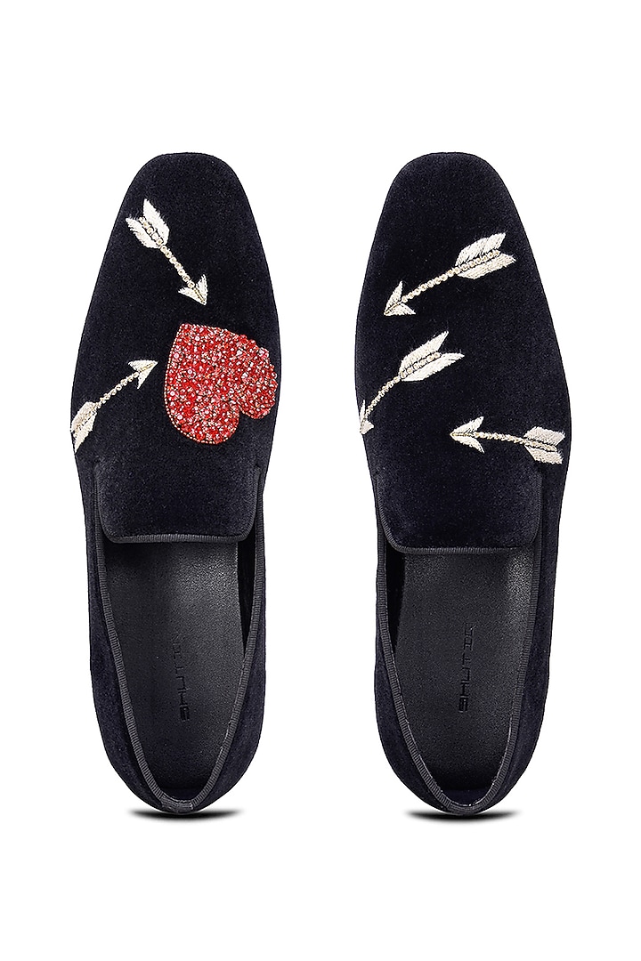 Black Velvet Hand Embroidered Slip-On Shoes by SHUTIQ at Pernia's Pop Up Shop
