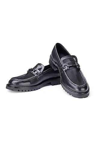 Black Leather Embellished Sneakers by SHUTIQ