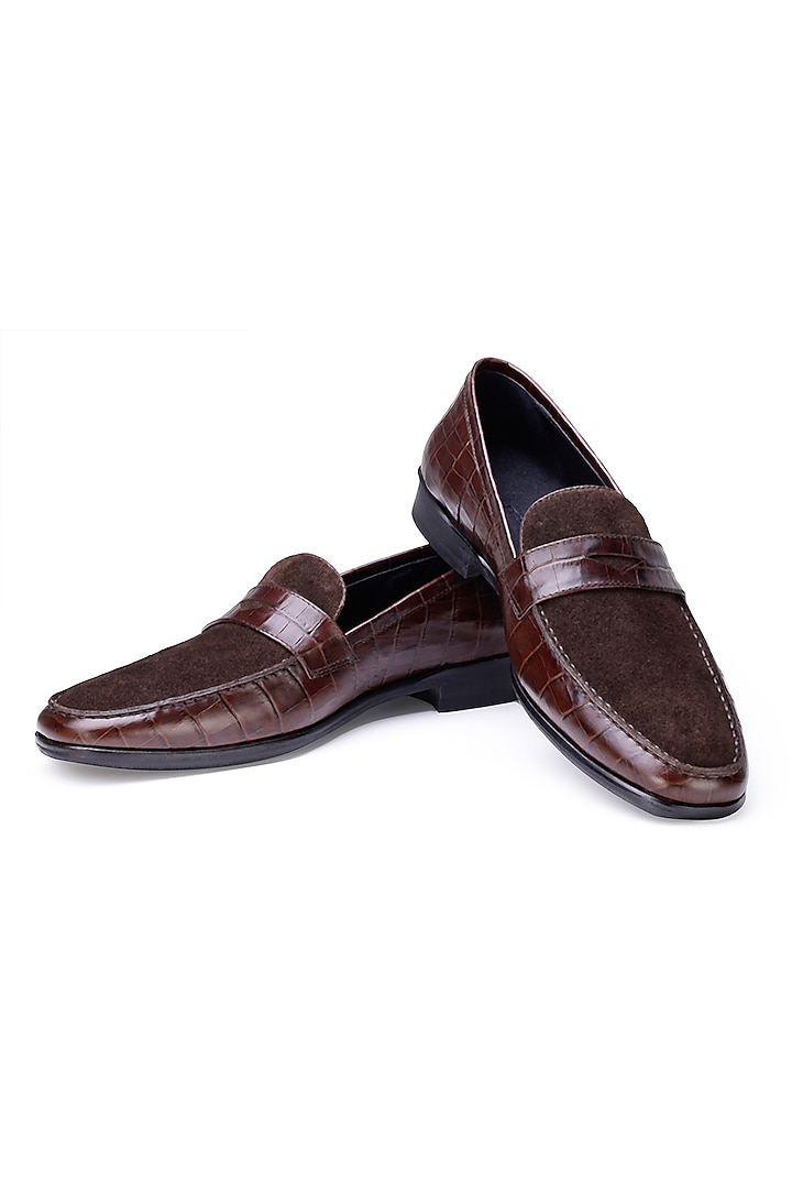 Brown Croco Leather Slip-On Shoes by SHUTIQ