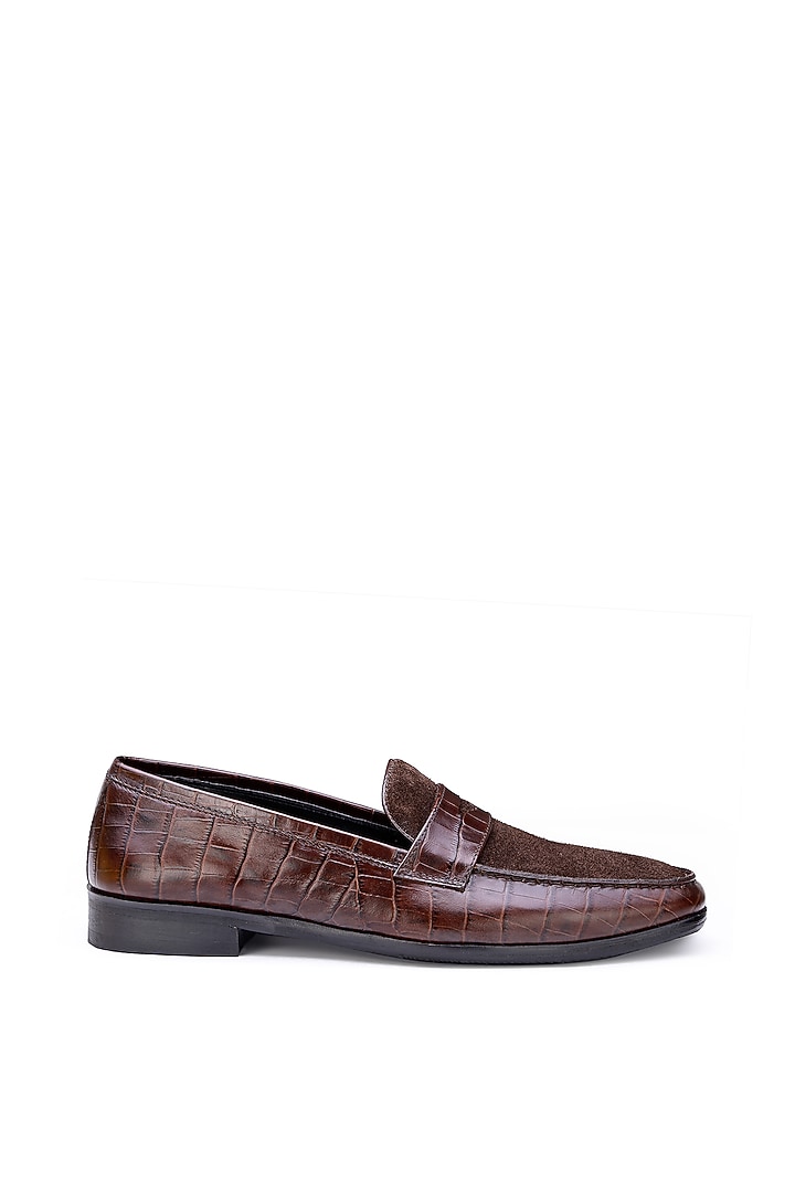Brown Croco Leather Slip-On Shoes by SHUTIQ at Pernia's Pop Up Shop