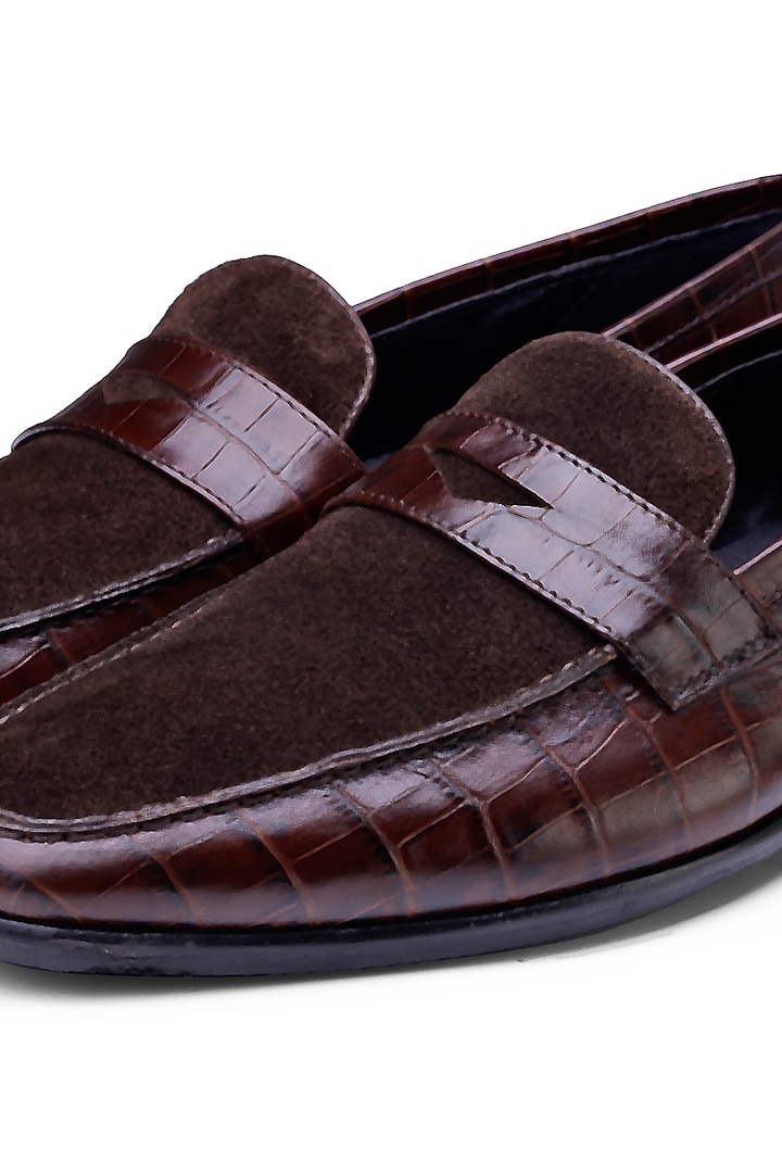 Brown Croco Leather Slip-On Shoes by SHUTIQ at Pernia's Pop Up Shop