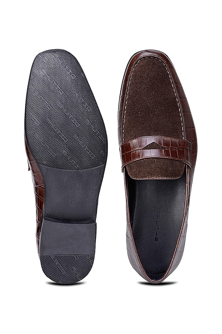 Brown Croco Leather Slip-On Shoes by SHUTIQ at Pernia's Pop Up Shop