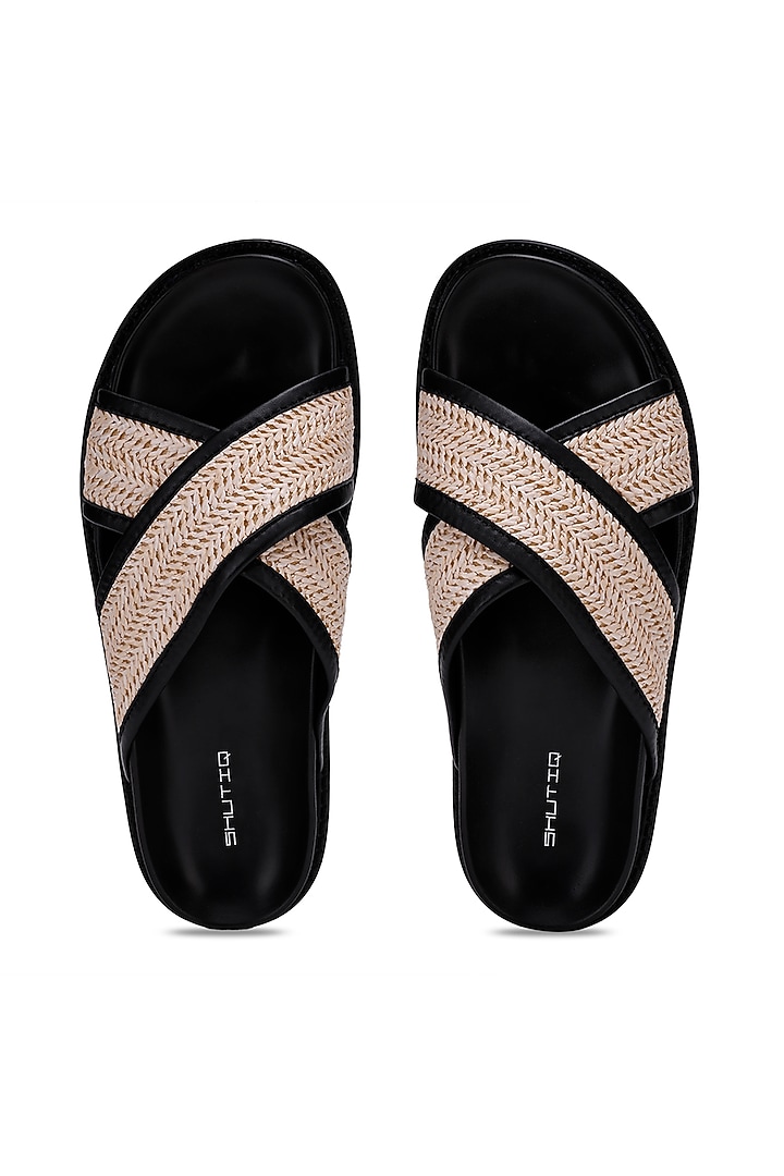 Black & White Leather Woven Slippers by SHUTIQ at Pernia's Pop Up Shop