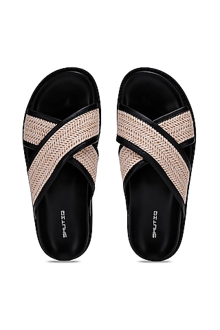 Black & White Leather Woven Slippers by SHUTIQ