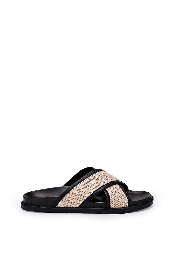 Black & White Leather Woven Slippers by SHUTIQ at Pernia's Pop Up Shop