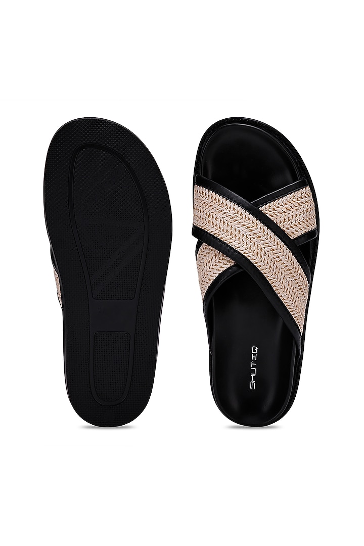 Black & White Leather Woven Slippers by SHUTIQ at Pernia's Pop Up Shop