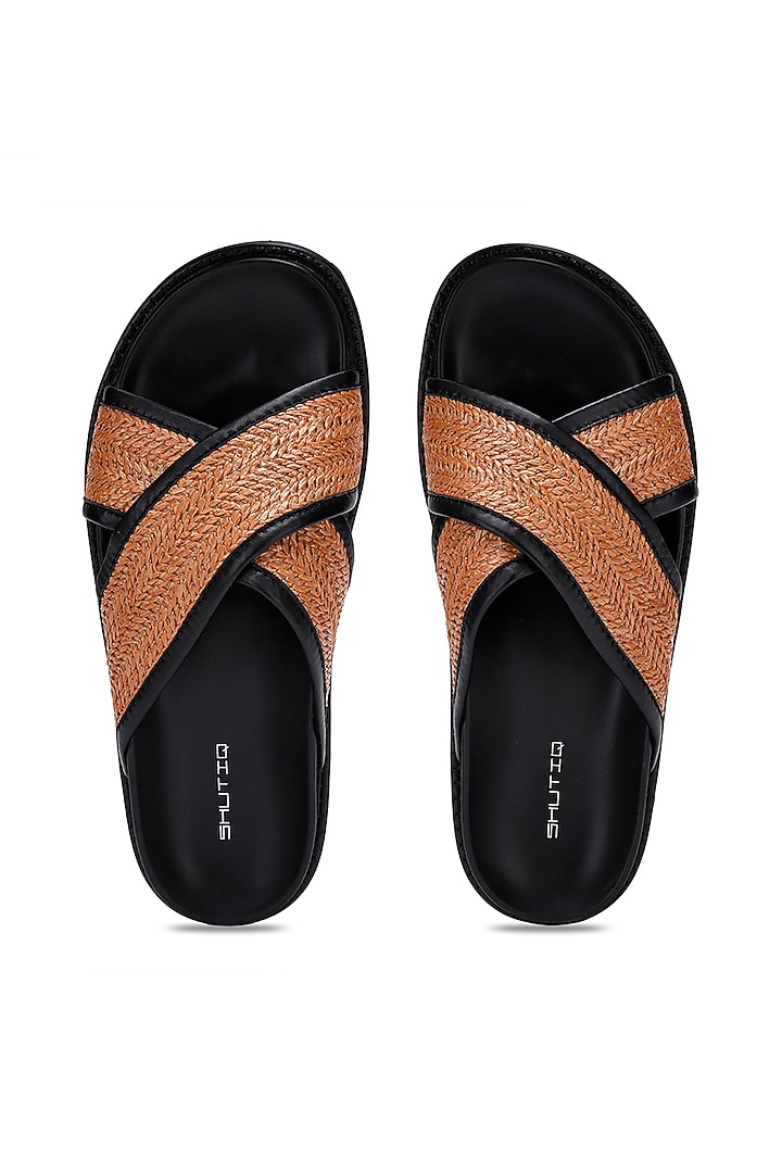 Black & Tan Leather Woven Slippers by SHUTIQ at Pernia's Pop Up Shop