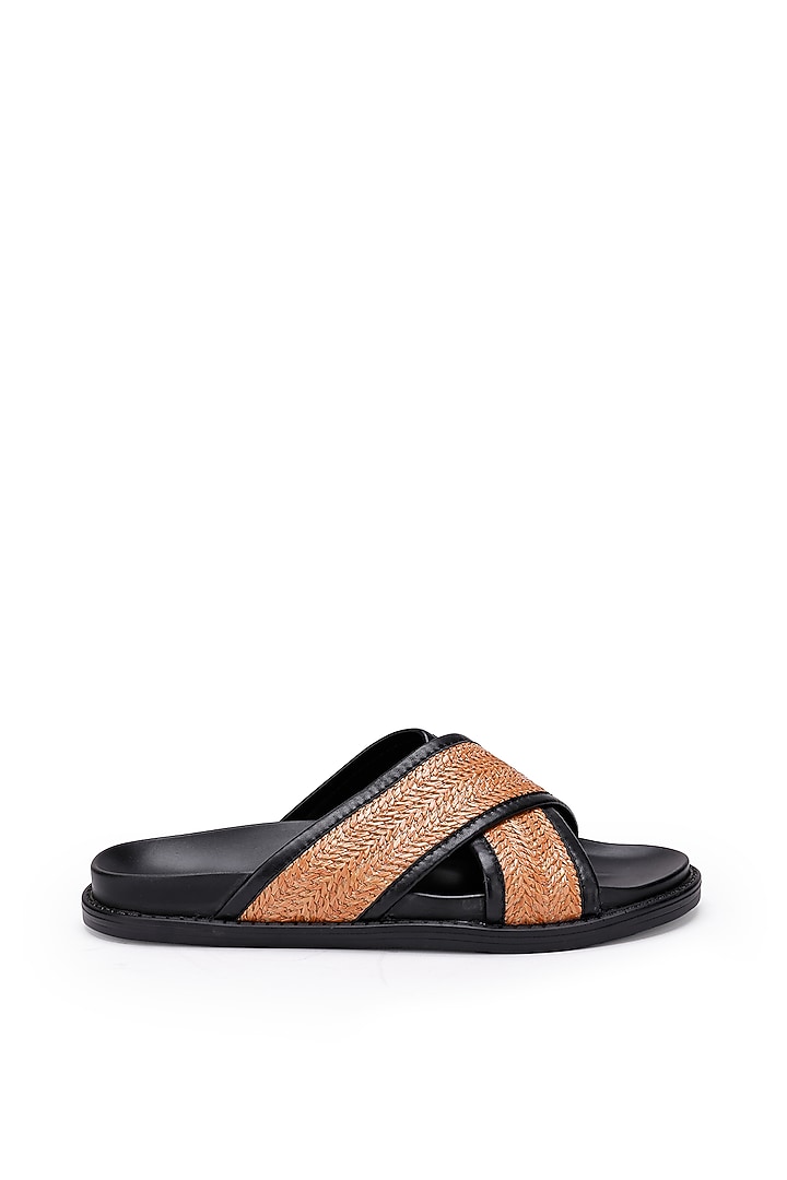 Black & Tan Leather Woven Slippers by SHUTIQ at Pernia's Pop Up Shop