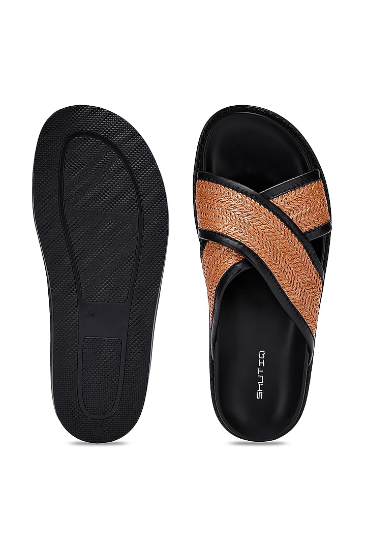 Black & Tan Leather Woven Slippers by SHUTIQ at Pernia's Pop Up Shop