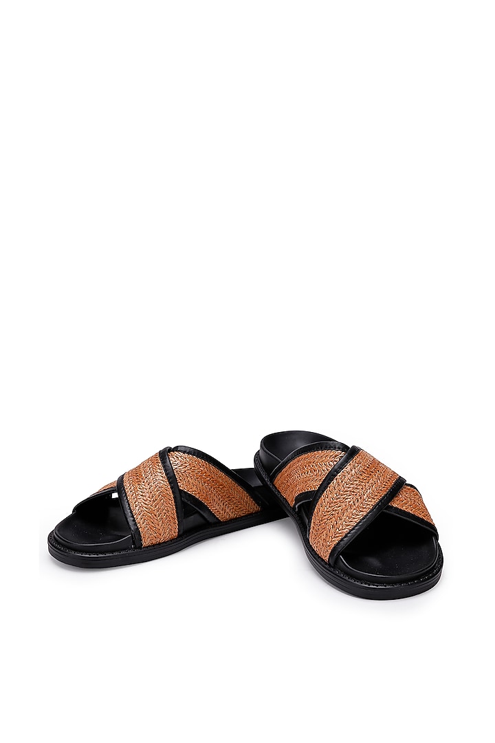 Black & Tan Leather Woven Slippers by SHUTIQ at Pernia's Pop Up Shop