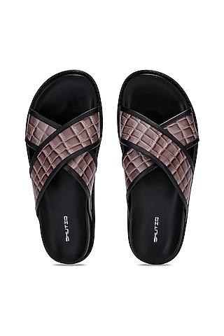 Black & Fawn Leather Slippers by SHUTIQ
