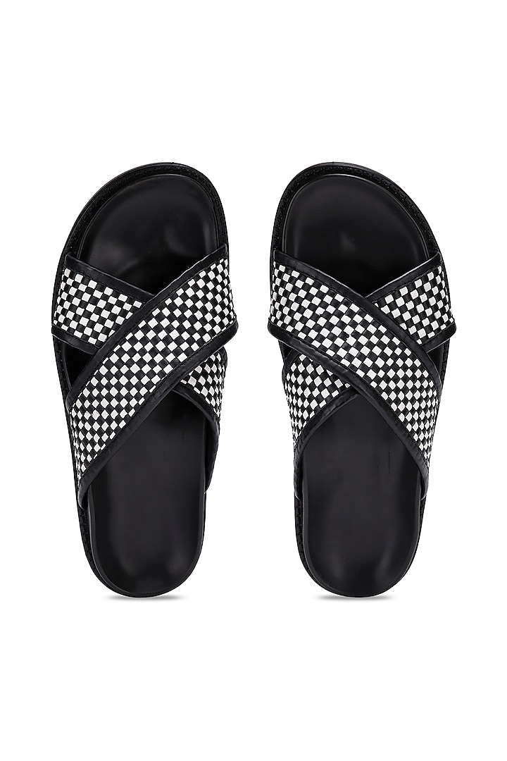 Black & White Leather Checkered Slippers by SHUTIQ at Pernia's Pop Up Shop