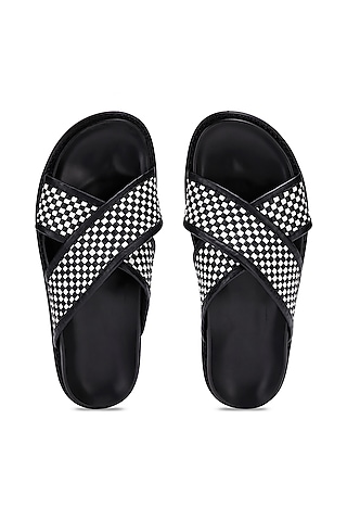 Black & White Leather Checkered Slippers by SHUTIQ
