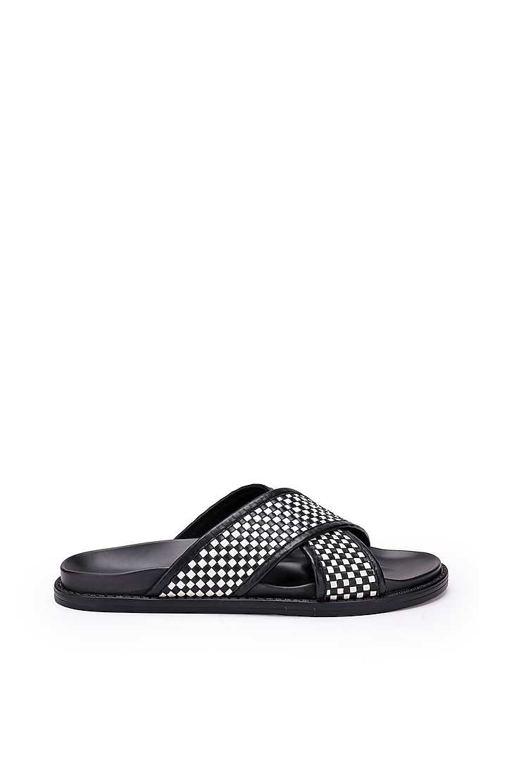 Black & White Leather Checkered Slippers by SHUTIQ at Pernia's Pop Up Shop