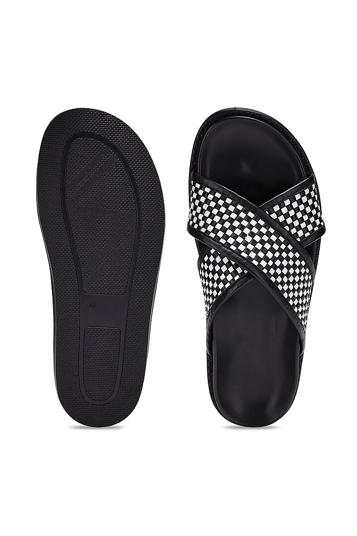 Black & White Leather Checkered Slippers by SHUTIQ at Pernia's Pop Up Shop