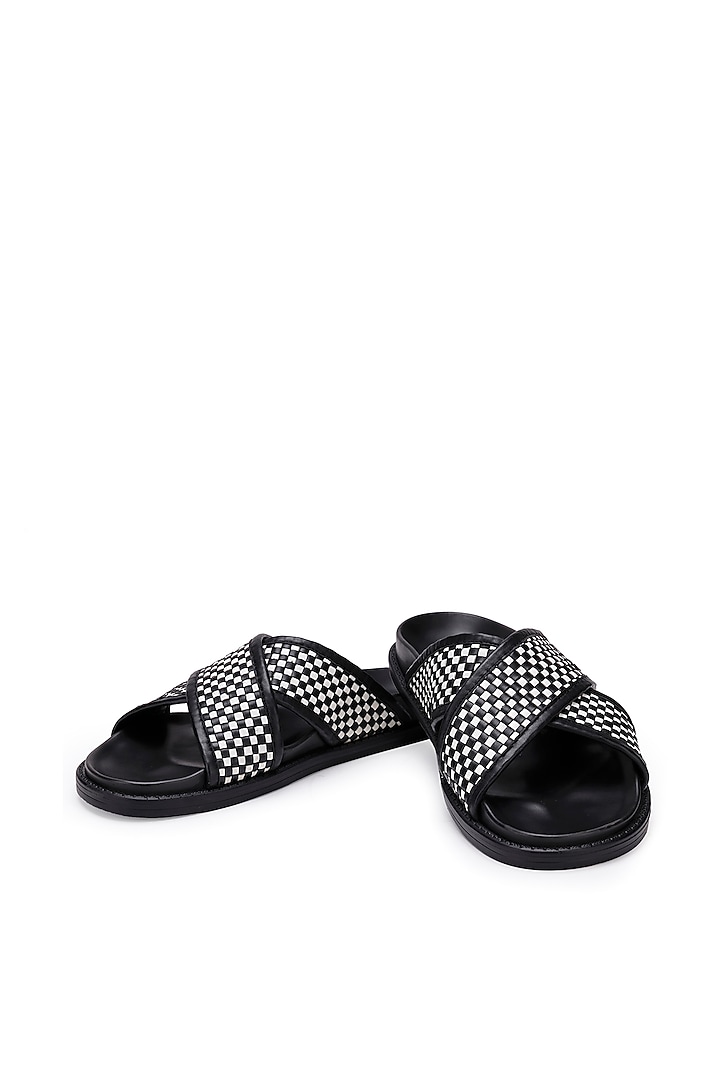 Black & White Leather Checkered Slippers by SHUTIQ at Pernia's Pop Up Shop