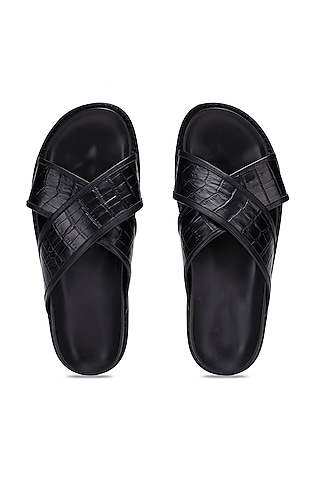 Black Leather Slippers by SHUTIQ
