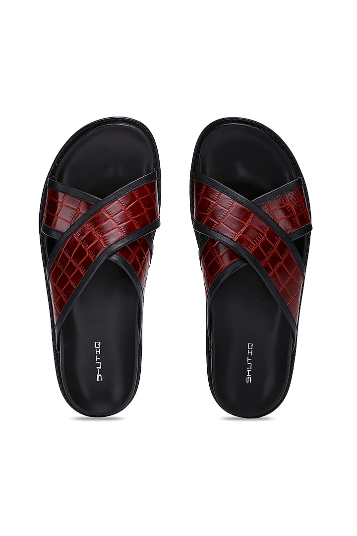 Black & Red Leather Slippers by SHUTIQ at Pernia's Pop Up Shop