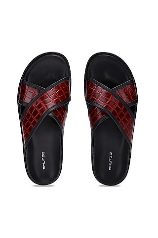 Black & Red Leather Slippers by SHUTIQ
