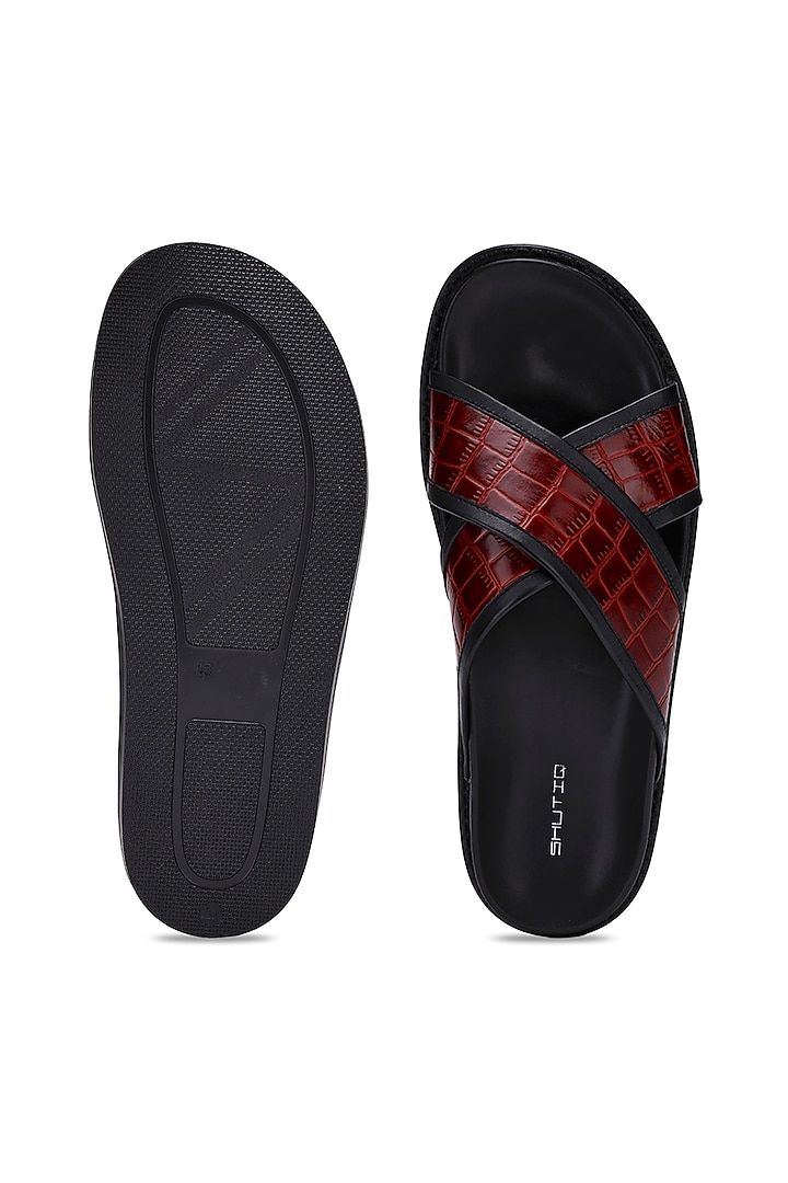 Black & Red Leather Slippers by SHUTIQ at Pernia's Pop Up Shop