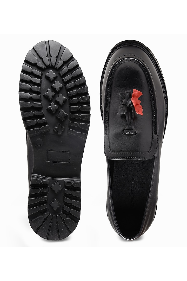 Black Leather Embellished Slip Ons by SHUTIQ at Pernia's Pop Up Shop