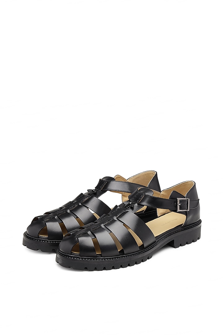 Black Leather Sandals by SHUTIQ at Pernia's Pop Up Shop