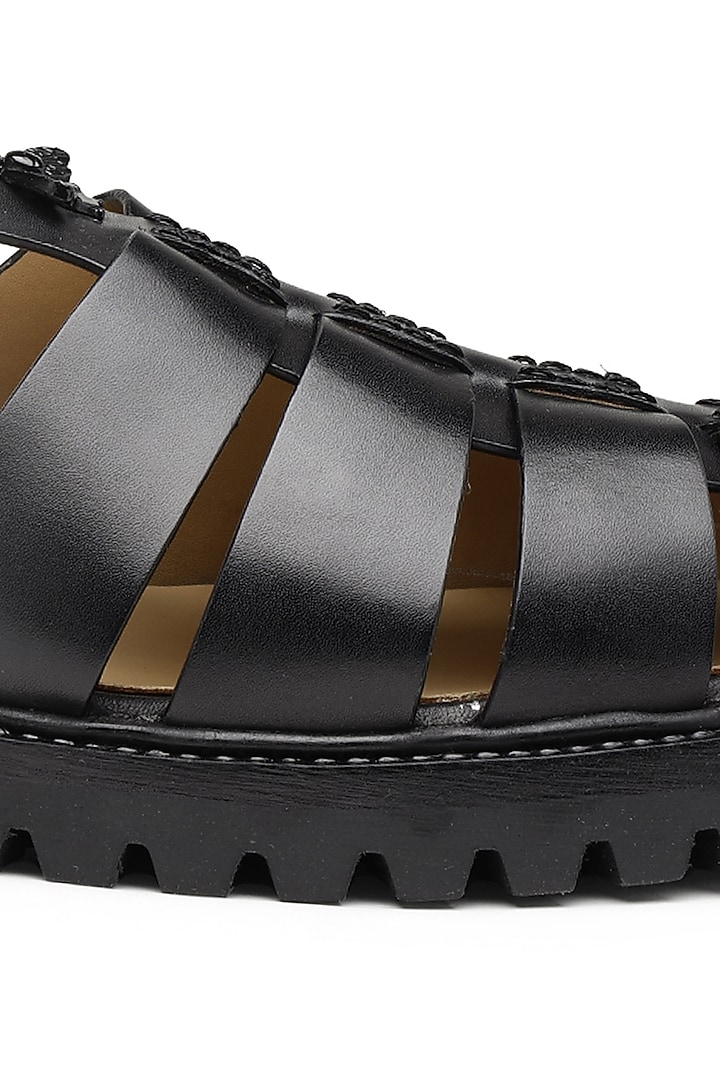Black Leather Sandals by SHUTIQ at Pernia's Pop Up Shop
