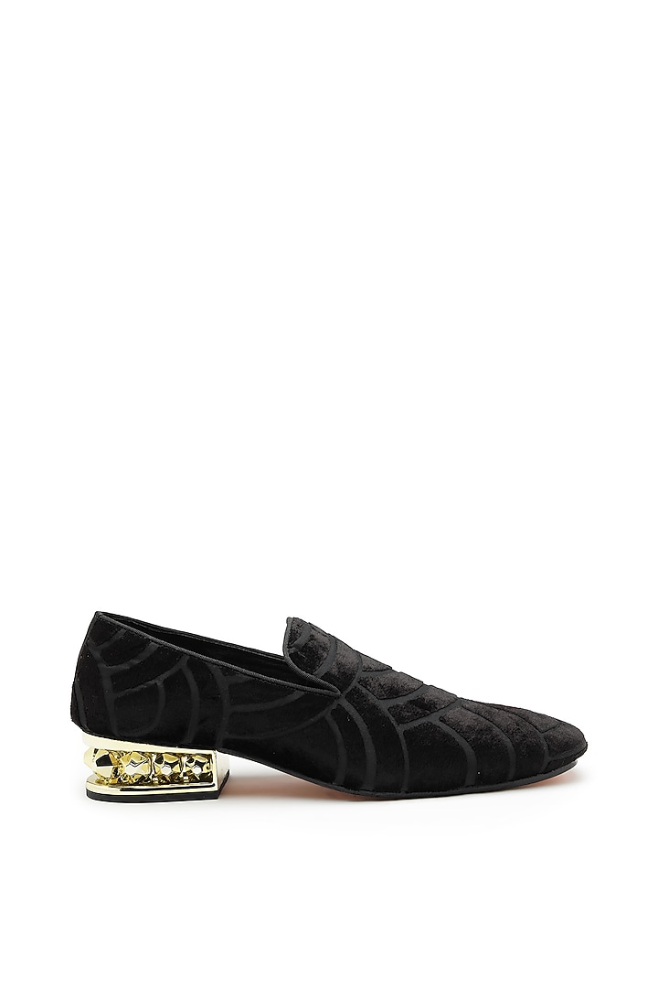 Black Velvet Embossed Textured Slip-On Shoes by SHUTIQ at Pernia's Pop Up Shop