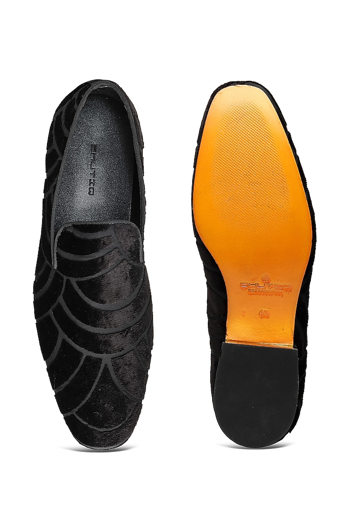 Black Velvet Embossed Textured Slip-On Shoes by SHUTIQ at Pernia's Pop Up Shop