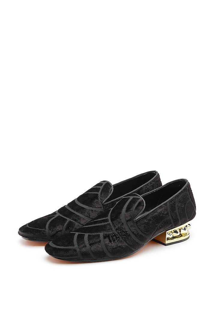 Black Velvet Embossed Textured Slip-On Shoes by SHUTIQ at Pernia's Pop Up Shop