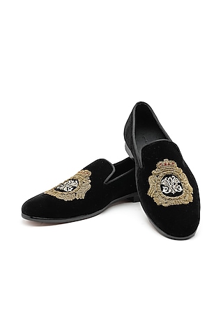 Black Velvet Embroidered Slip-On Shoes by SHUTIQ