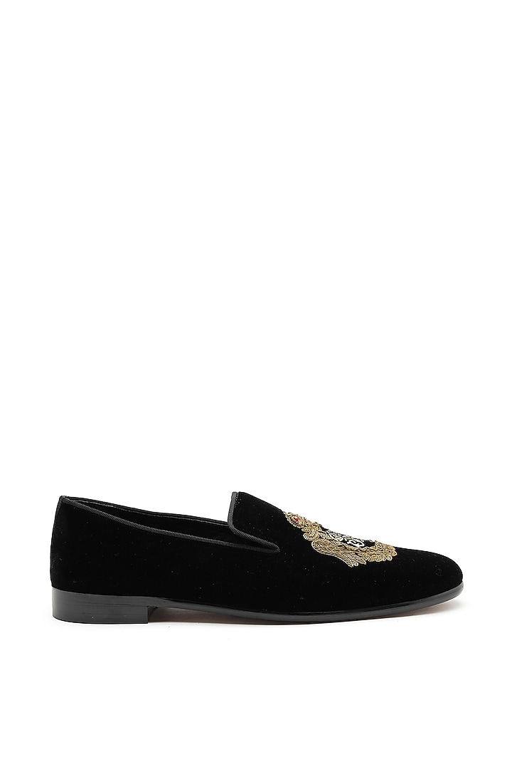 Black Velvet Embroidered Slip-On Shoes by SHUTIQ at Pernia's Pop Up Shop