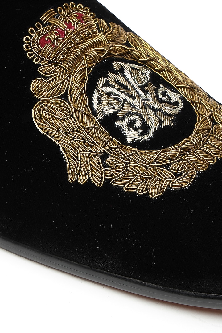 Black Velvet Embroidered Slip-On Shoes by SHUTIQ at Pernia's Pop Up Shop