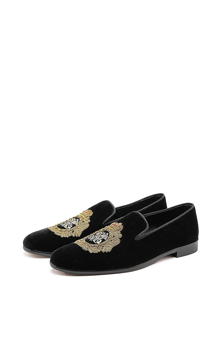 Black Velvet Embroidered Slip-On Shoes by SHUTIQ at Pernia's Pop Up Shop