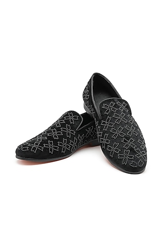 Black Velvet Hand Embroidered Slip-On Shoes by SHUTIQ