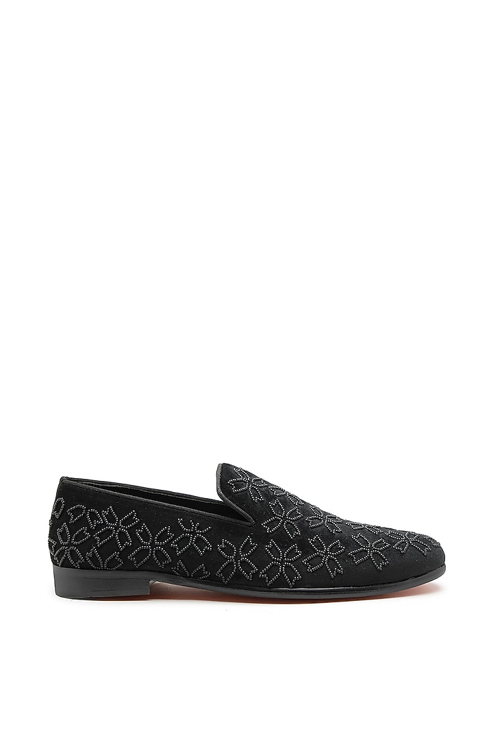 Black Velvet Hand Embroidered Slip-On Shoes by SHUTIQ at Pernia's Pop Up Shop