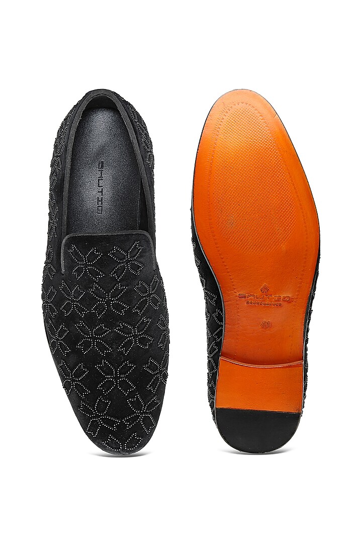 Black Velvet Hand Embroidered Slip-On Shoes by SHUTIQ at Pernia's Pop Up Shop