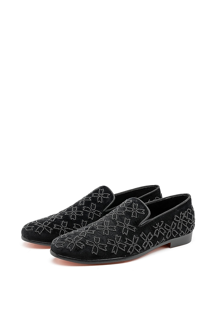 Black Velvet Hand Embroidered Slip-On Shoes by SHUTIQ at Pernia's Pop Up Shop