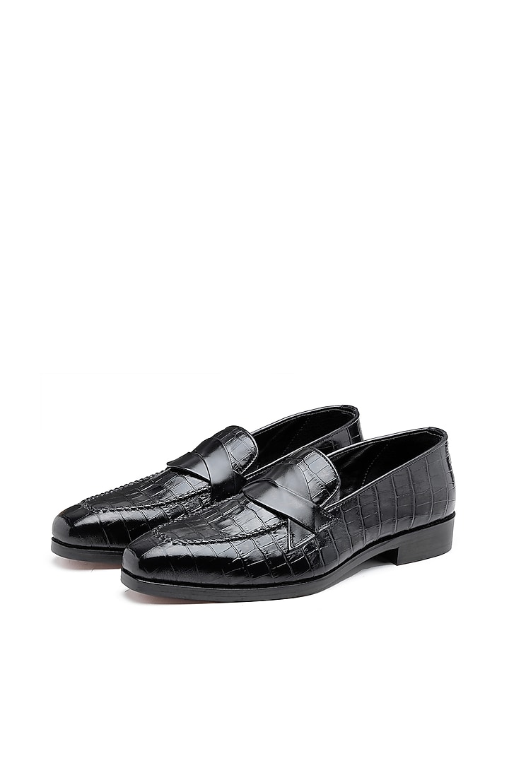 Black Leather T-Shaped Slip-On Shoes by SHUTIQ at Pernia's Pop Up Shop
